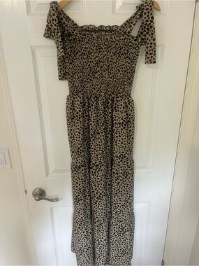 SHEIN Smocked Leopard Print Maxi Dress in Beige and Black